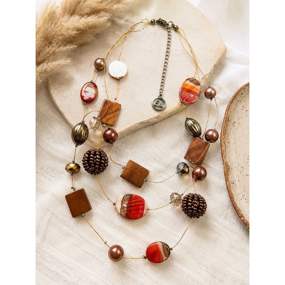 Erica Lyons Multi Strand Beaded Statement Necklace Brown Red Shell Mixed Media